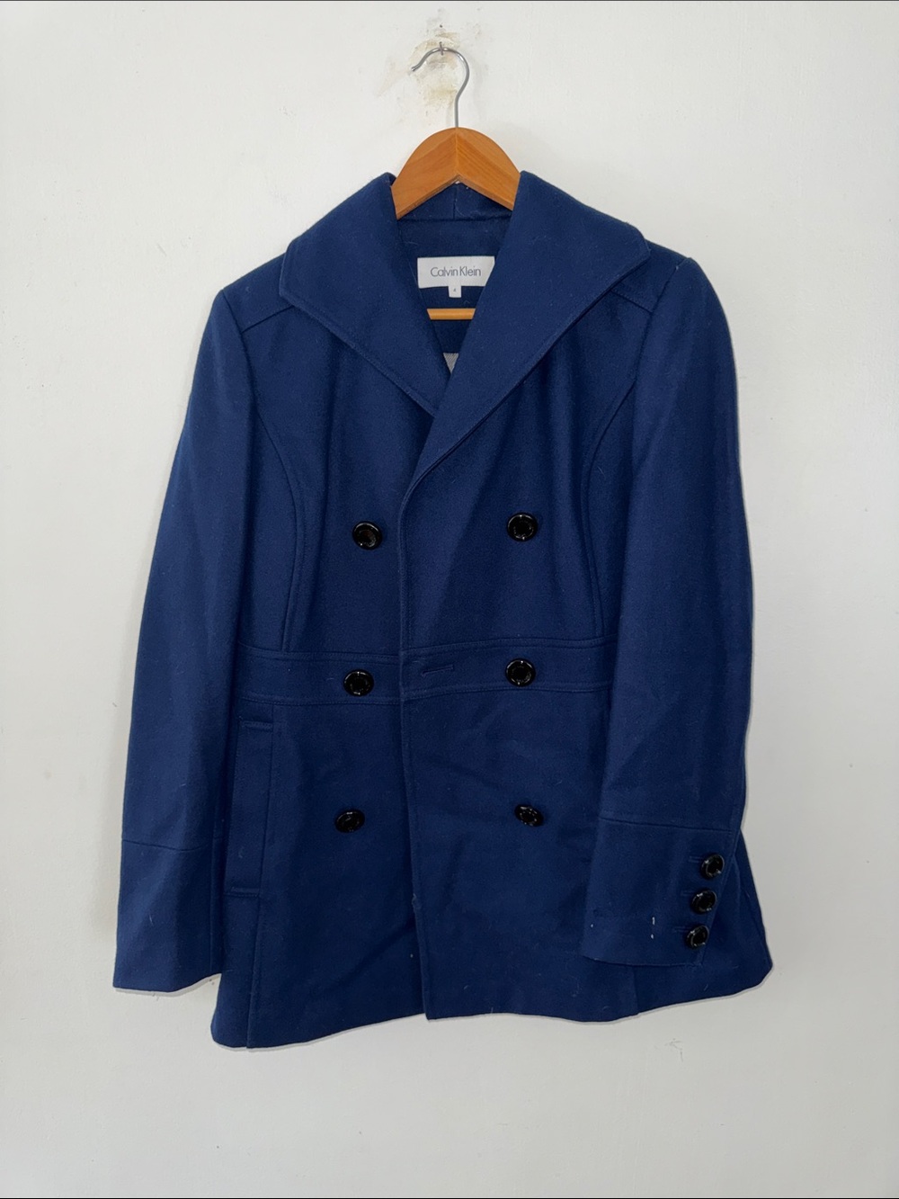 Calvin Klein Royal Blue Double-Breasted Wool Blend Mid-Length Pea Coat Size 4